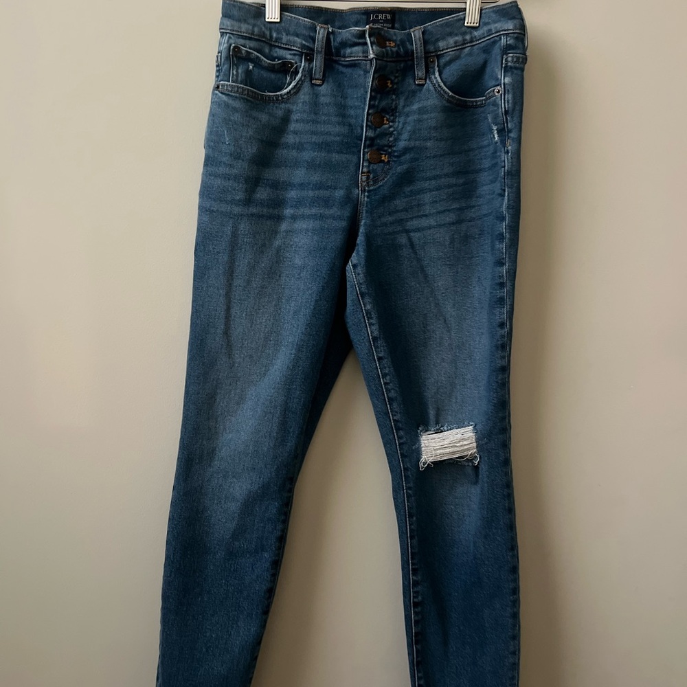 SOLD J. Crew High Rise Blue Jeans with Distressed Detail Size 28